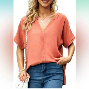 Women Plus Size Tops Loose fit Split V Neck Shirts Solid Oversized Blouse XXL
